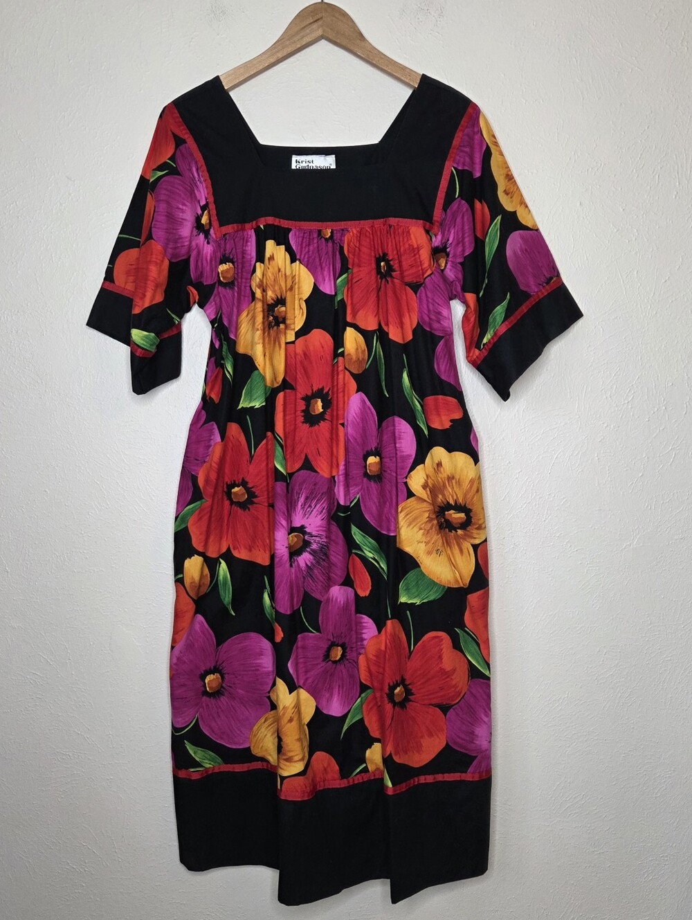 Vintage 70s Krist Gudnason California Bold Floral 100% Cotton Midi Dress Small